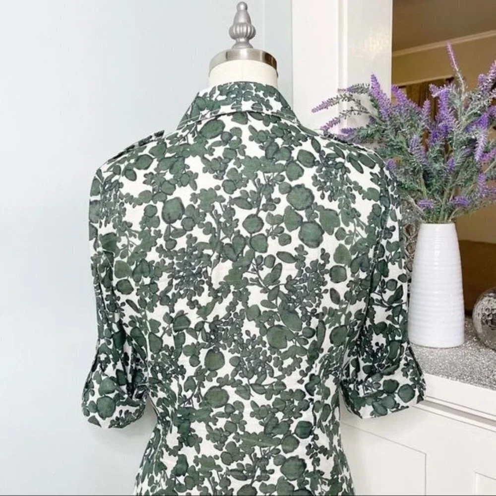 Tory Burch Issy Vine Leaf Print Button Down Shirt Utility Roll Tab 2 XS